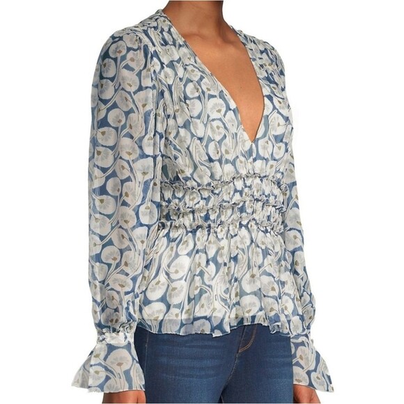 Rebecca Taylor Silk Deco Fleur Long Sleeve V-Neck Floral Blouse Size 12 - Picture 1 of 16